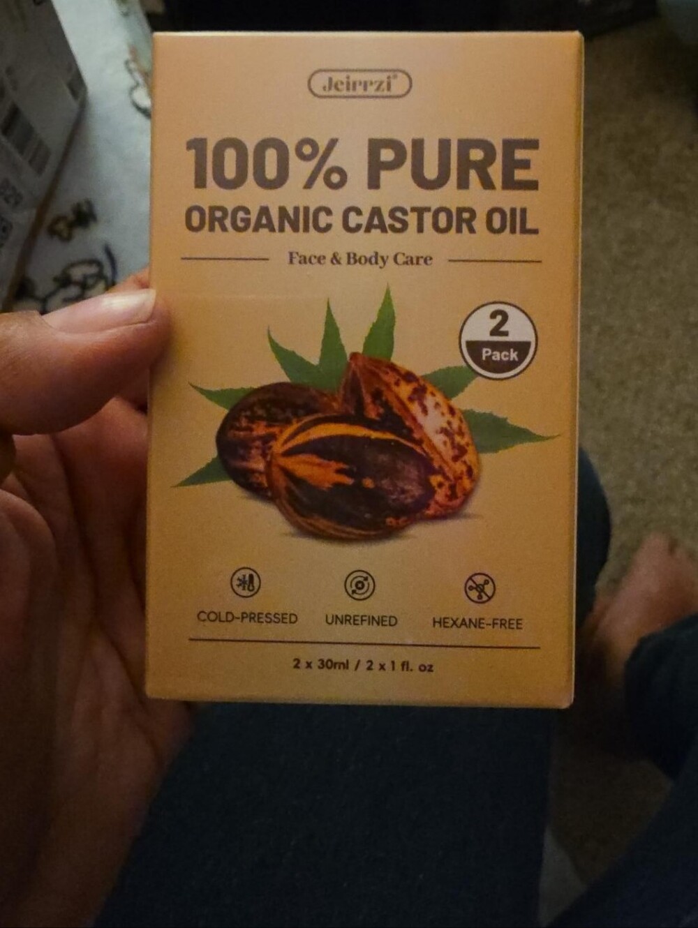 Jeirrzi 100% Pure Organic Castor Oil, a 2-pack of 30 mL (1 oz) bottles.